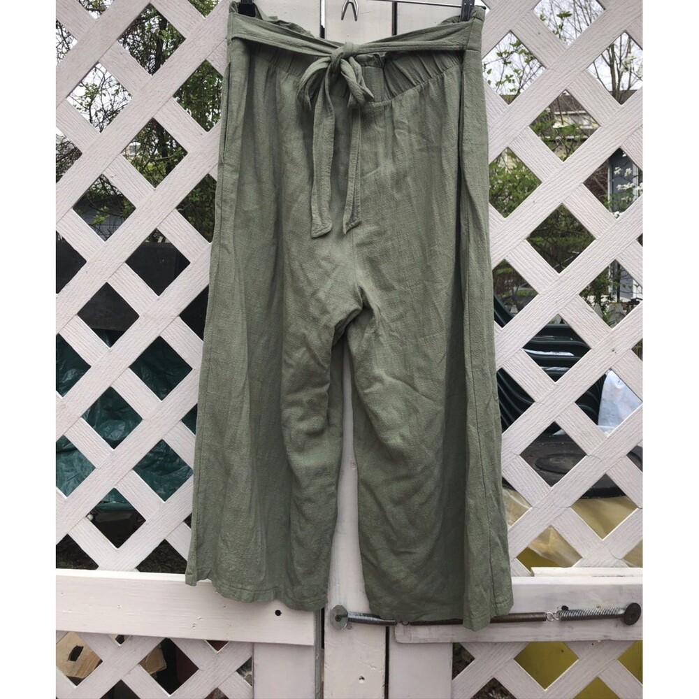 Anthropologie Potters Pot Womens L Pant Green Wide Leg Capri Pockets Elastic Wst